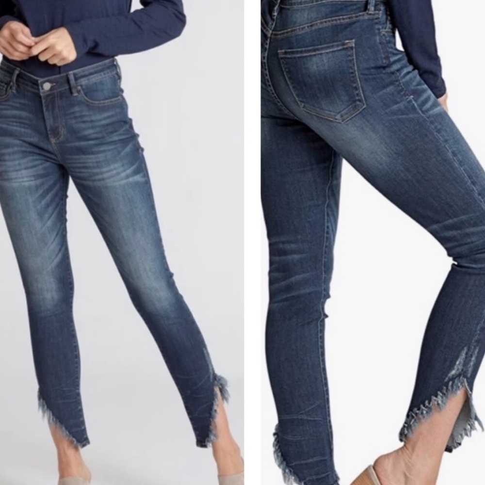 Dear John Gisele Skinny High Waisted Jeans Fray Asymmetrical Ankle Hem EUC 30